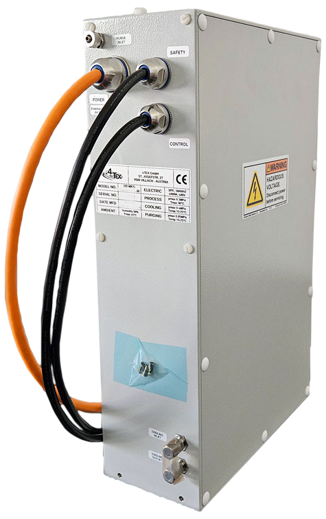 4Tex I²R UHP Inline Heater — compact point-of-use heater with process, control and cooling connections